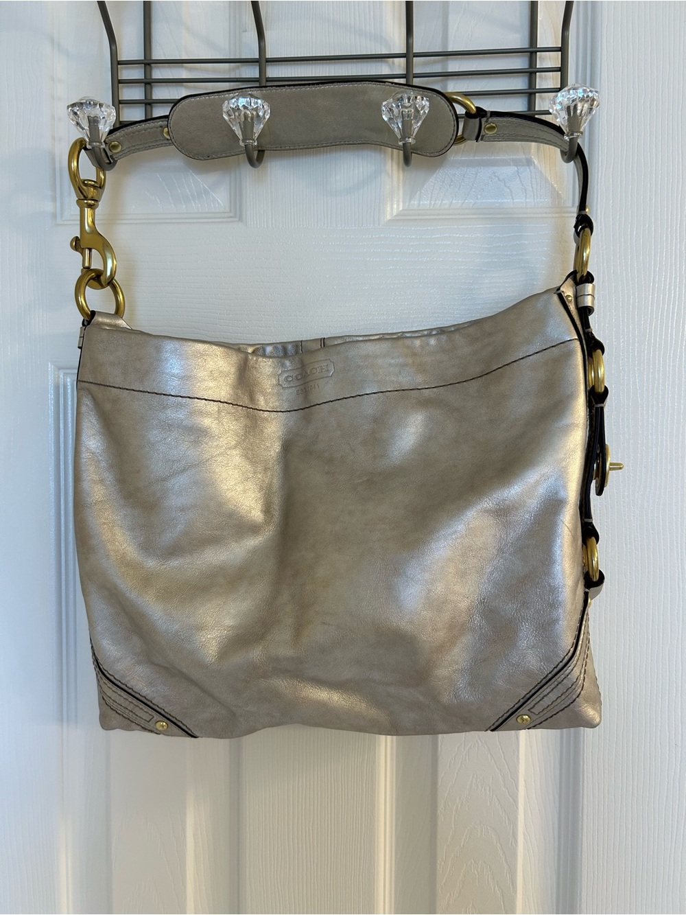 Coach Metallic Silver Leather Shoulder Bag with Brass Hardware